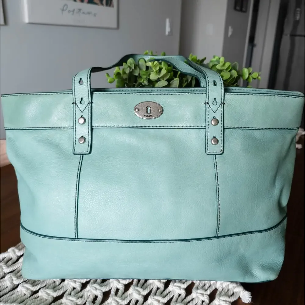 FOSSIL Hunter Teal Green Leather Tote Bag - Picture 3 of 11